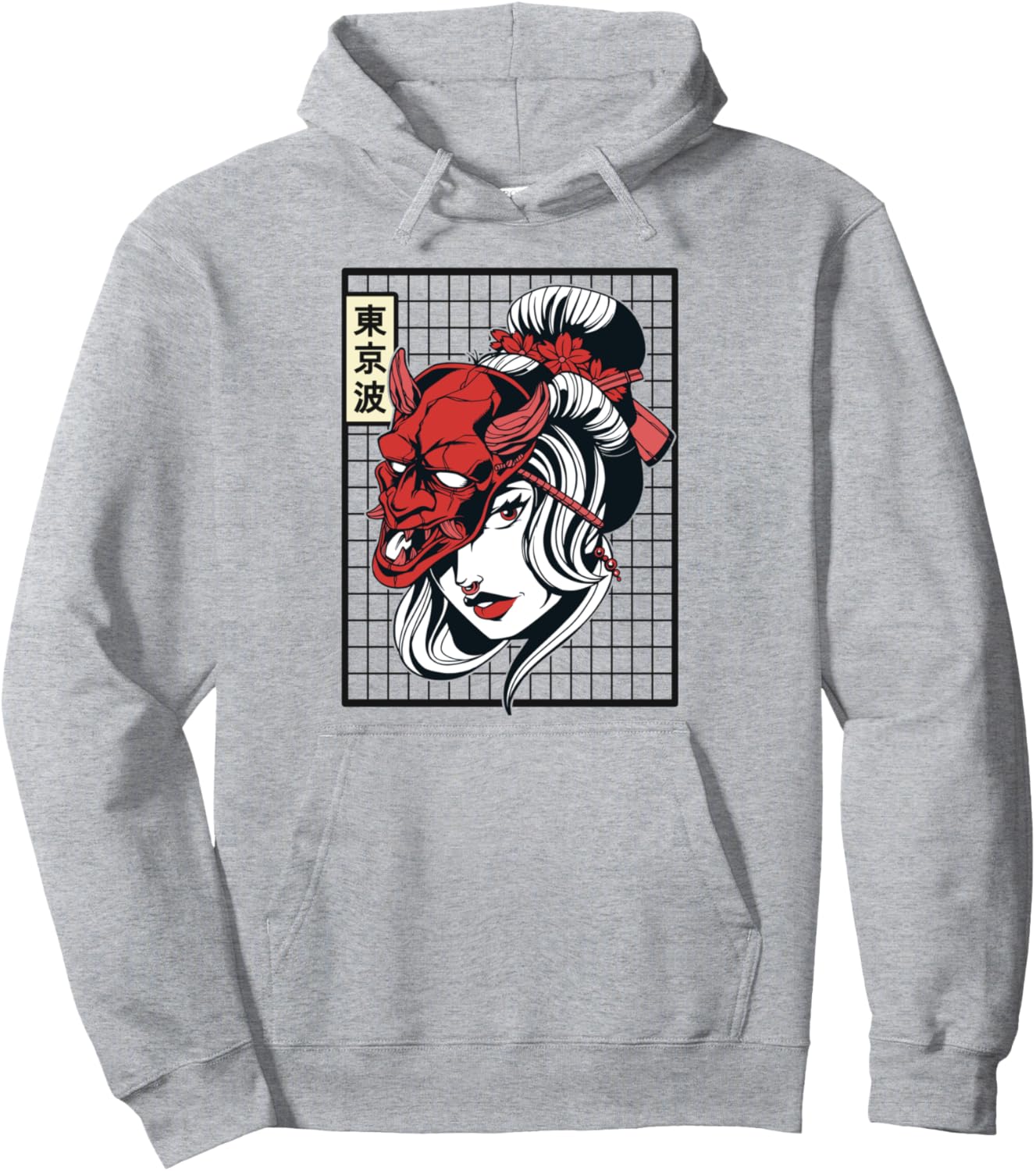 Japanese Demon Mask Oni Woman Japan Art Aesthetic Grid Anime Pullover Hoodie