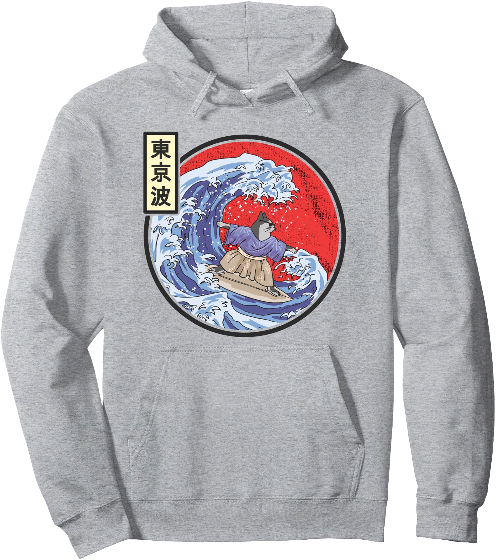 Cat Surfing Japanese Waves Kanagawa Japan Sun Flag Anime Pullover Hoodie