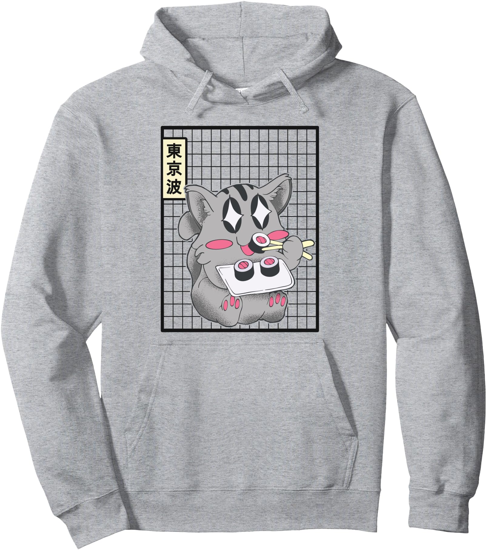 Kawaii Cat Eating Sushi Japanese Grid Girls Teen Anime Pullover Hoodie