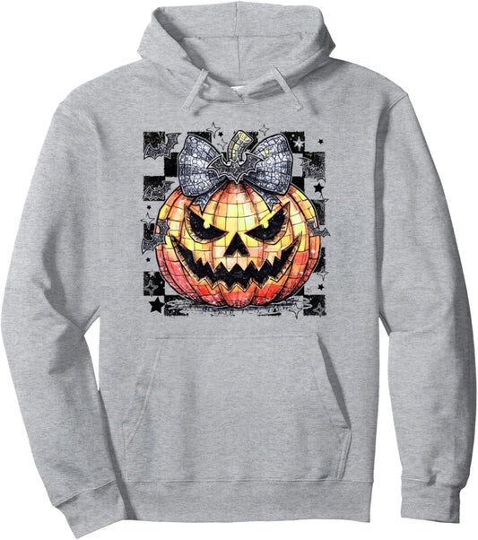 Checkered Fall Pumpkin Halloween Coquette Bow Spooky Season Pullover Hoodie