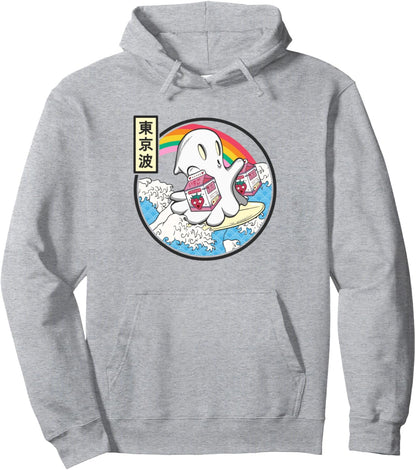 Surfing Ghost Strawberry Milk Japanese Waves Kawaii Anime Pullover Hoodie