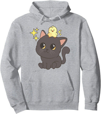 Black Cat And A Cute Chicken - Cute Kawaii Anime Japanese Pullover Hoodie