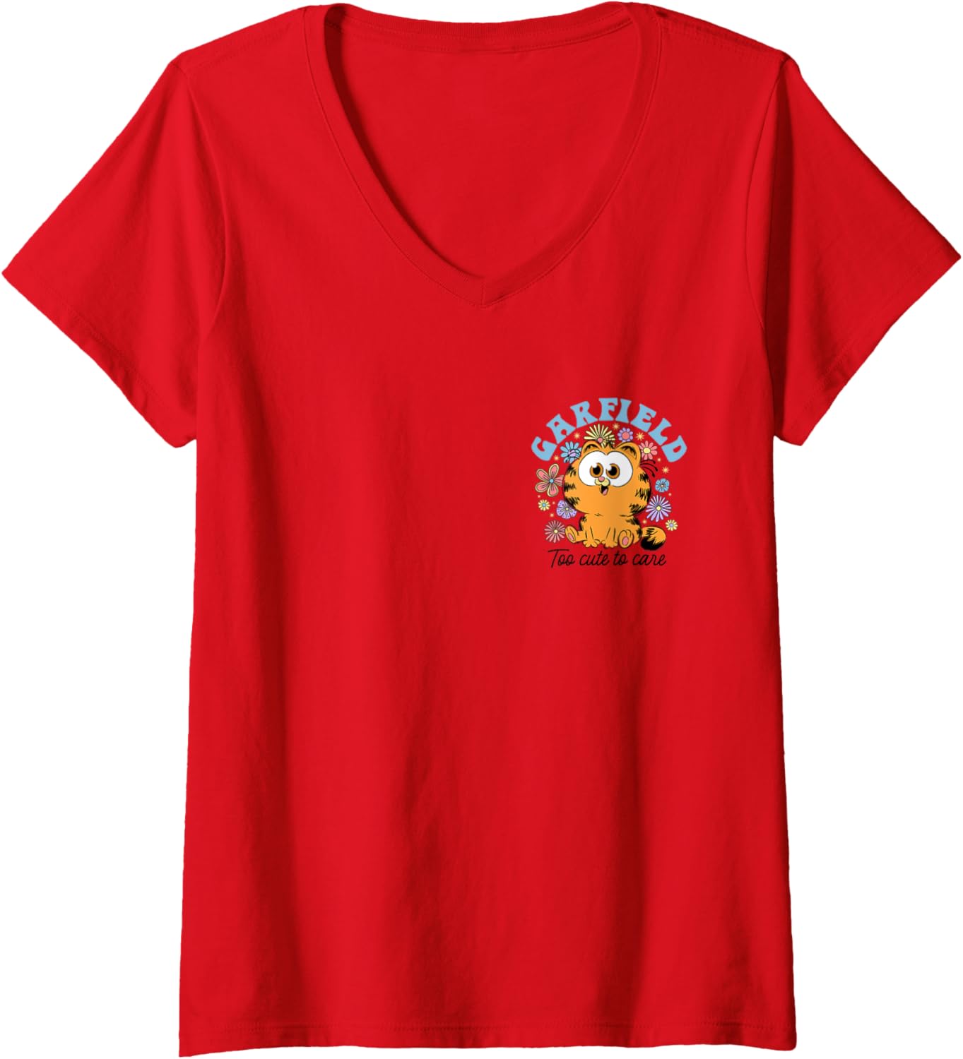 Womens Garfield Chibi Kawaii Floral Too Cute to Care Left Chest V-Neck