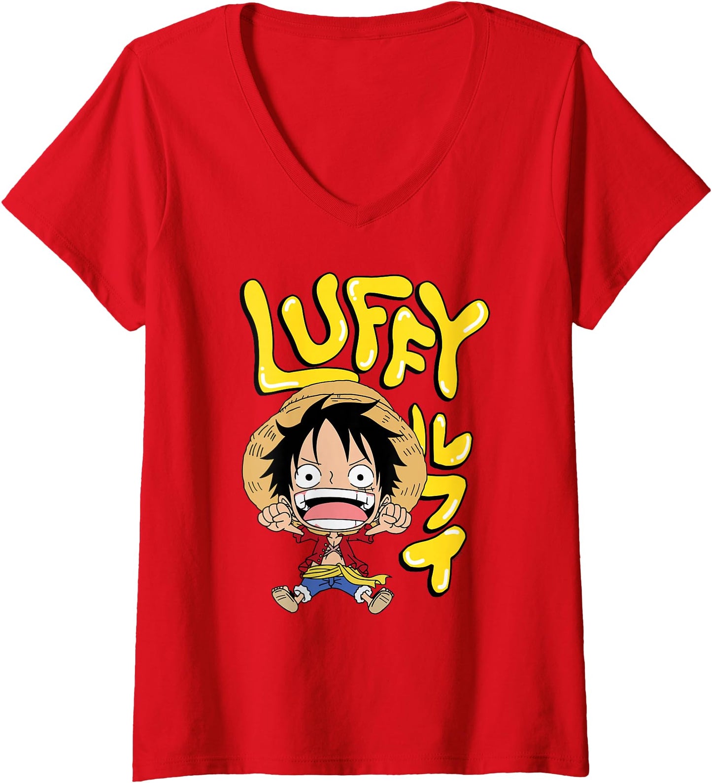 Womens One Piece Anime Luffy Chibi with Bubble Letters V-Neck