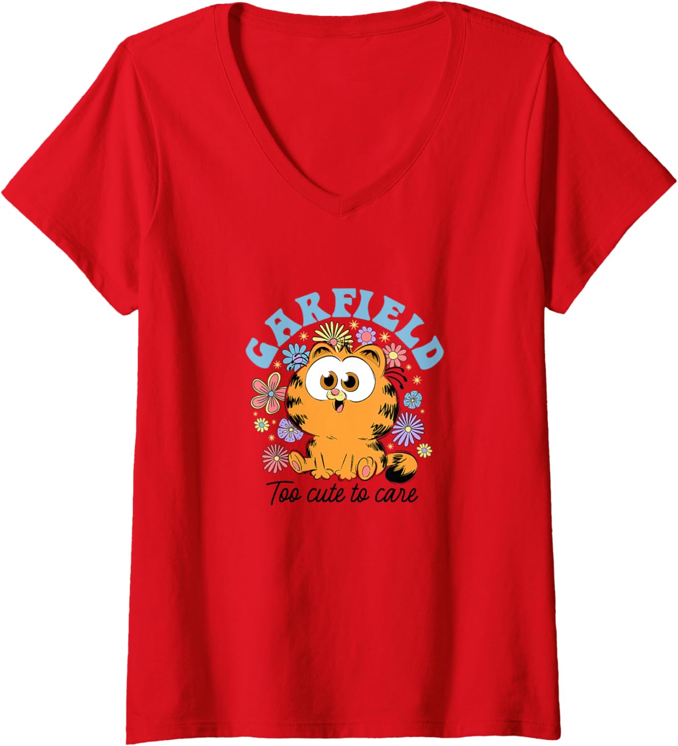 Womens Garfield Chibi Floral Too Cute to Care in Black Text V-Neck