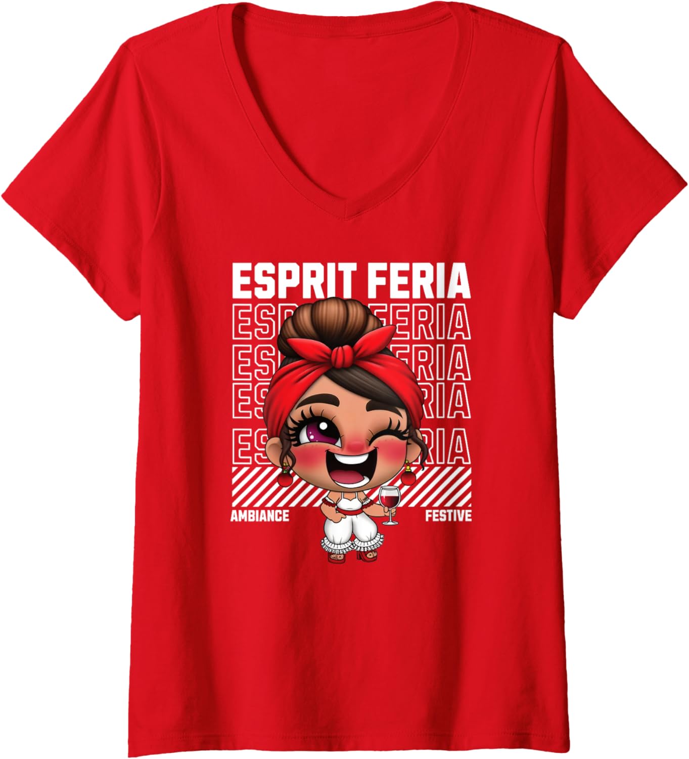Womens Feria Fiestas Red Wine Basque Country Aperitif Chibi woman V-Neck