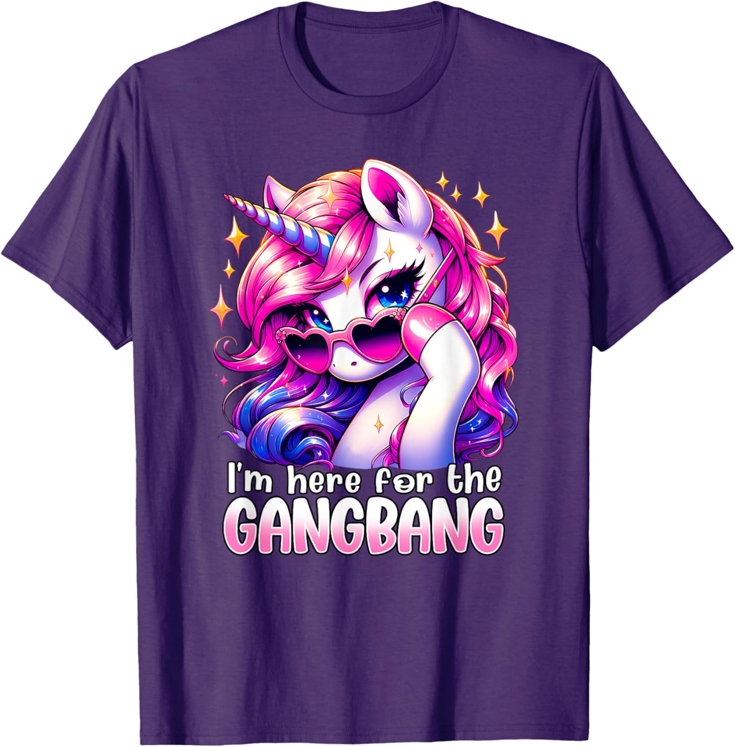 Embarrassing crude humor adult raunchy gag gift I'M HERE FOR THE GANGBANG Funny Inappropriate Sex Humor Joke Unisex-Adults Purple Small Cotton 65% Polyester 35% Short Sleeve