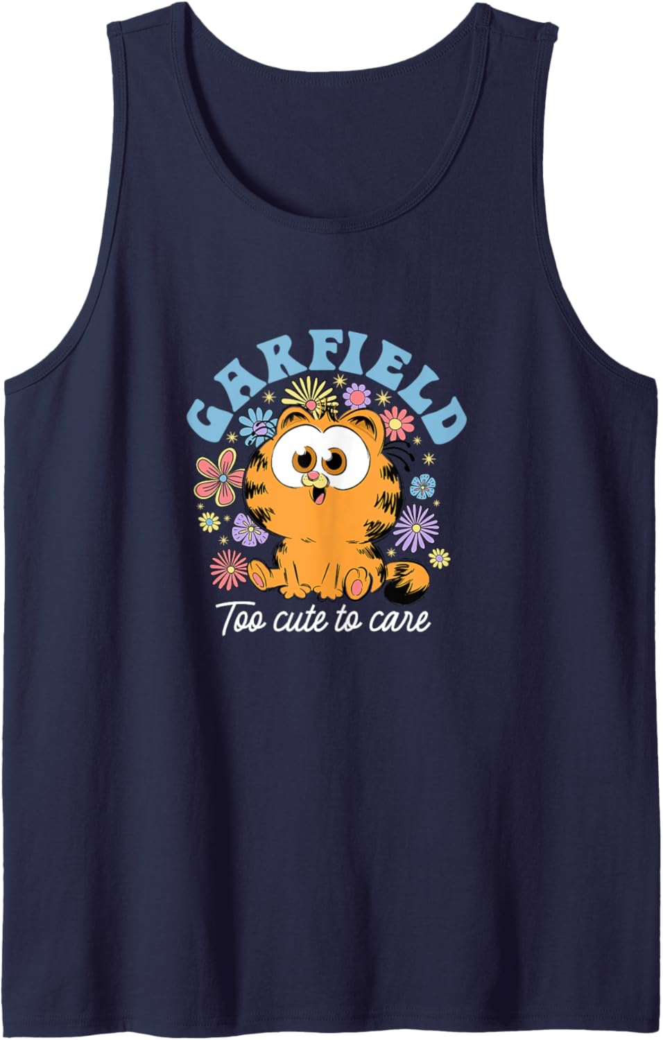 Garfield Chibi Floral Too Cute to Care in White Text Tank Top