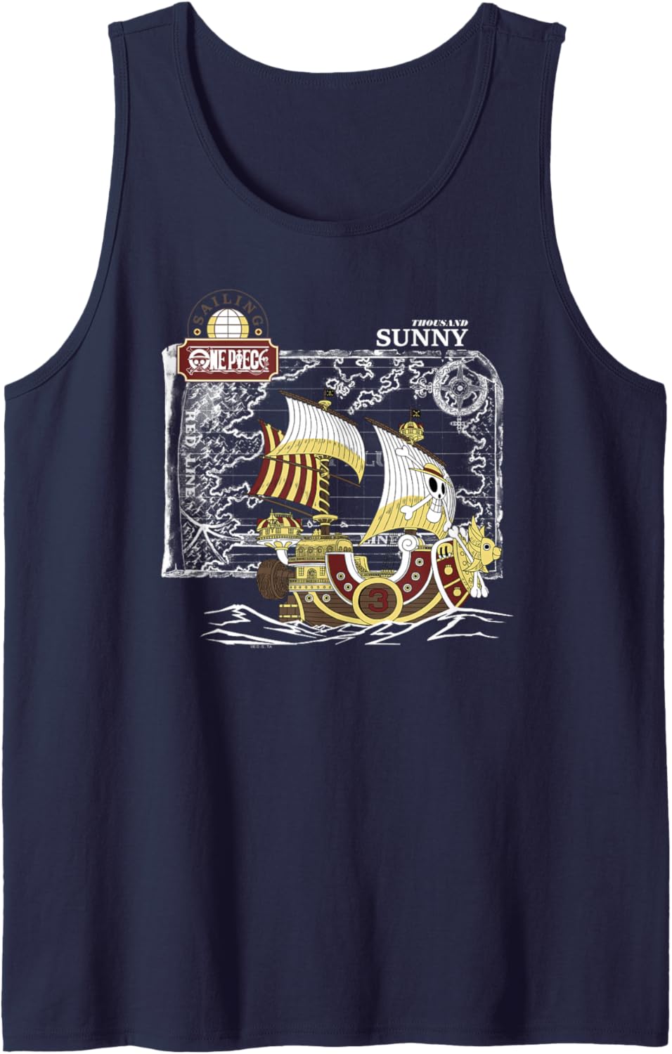 One Piece Anime Thousand Sunny Ship with Map and Logo Tank Top