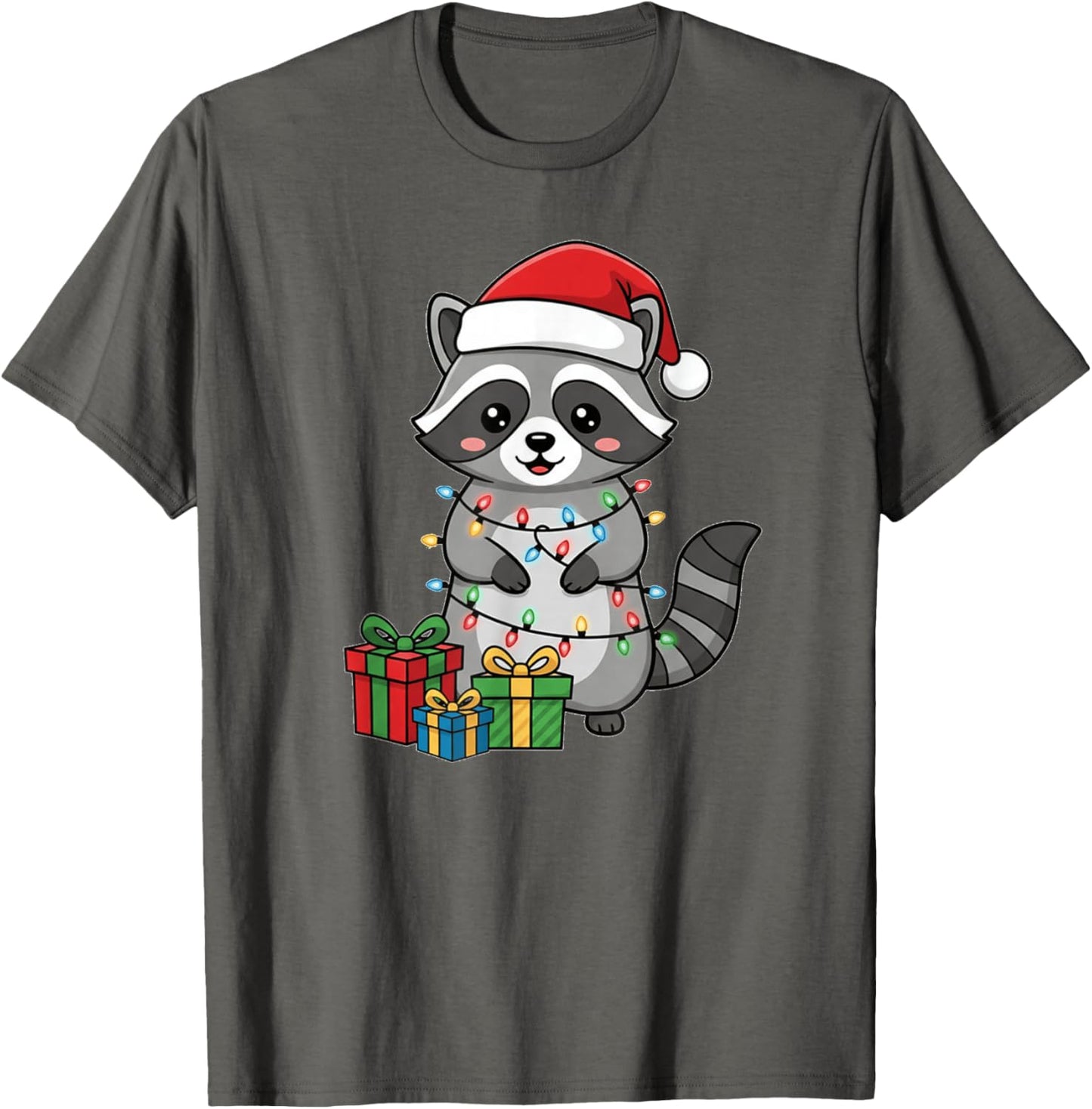 Christmas Raccoon Cartoon Cute Chibi Kawaii Santa Hat Lights