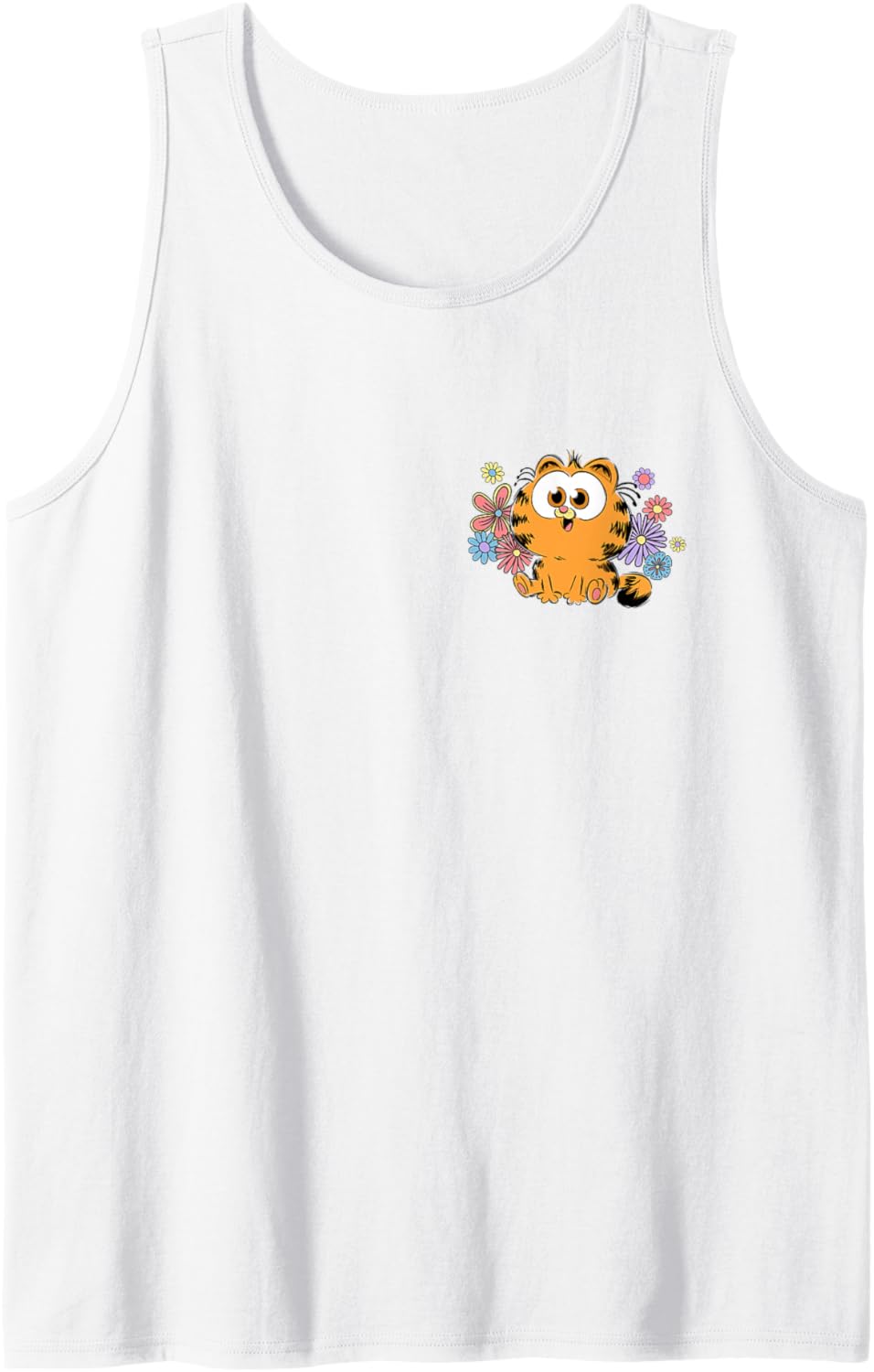 Garfield Kawaii Chibi Surrounded with Flowers Left Chest Tank Top