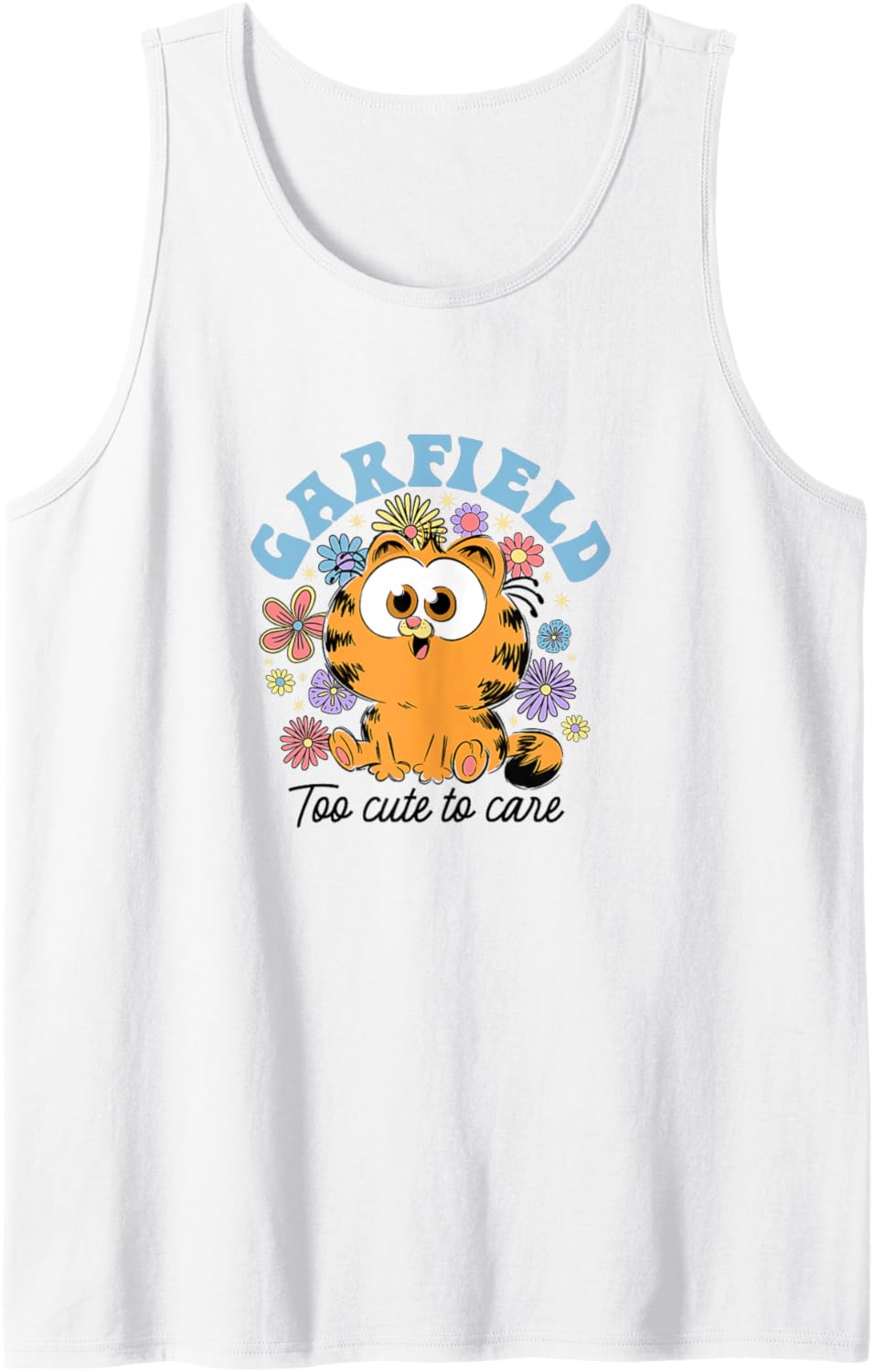Garfield Chibi Floral Too Cute to Care in Black Text Tank Top