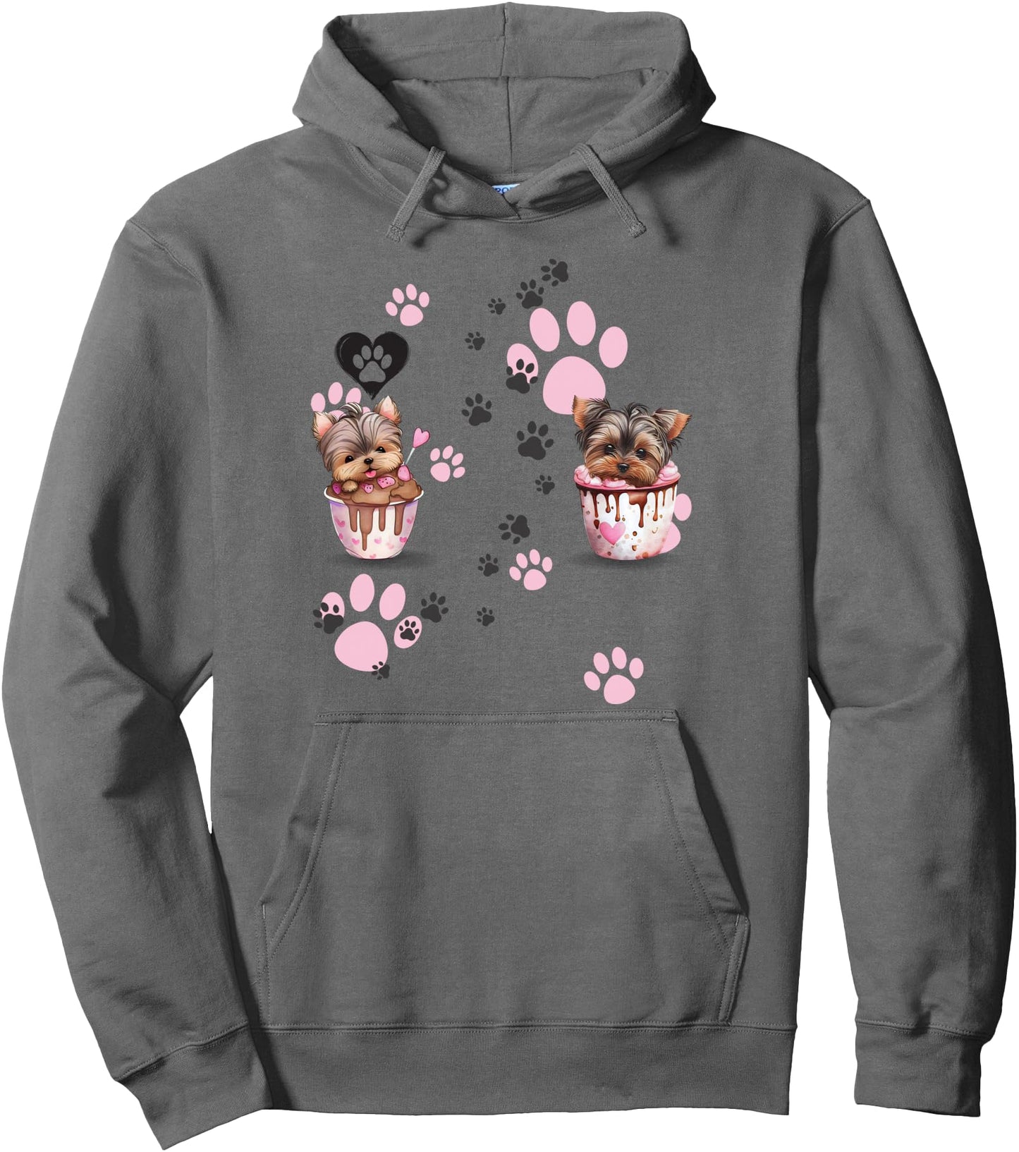 Cute Sweet Yorkie Puppy Cupcakes & Paws Print Pupthentic Pullover Hoodie
