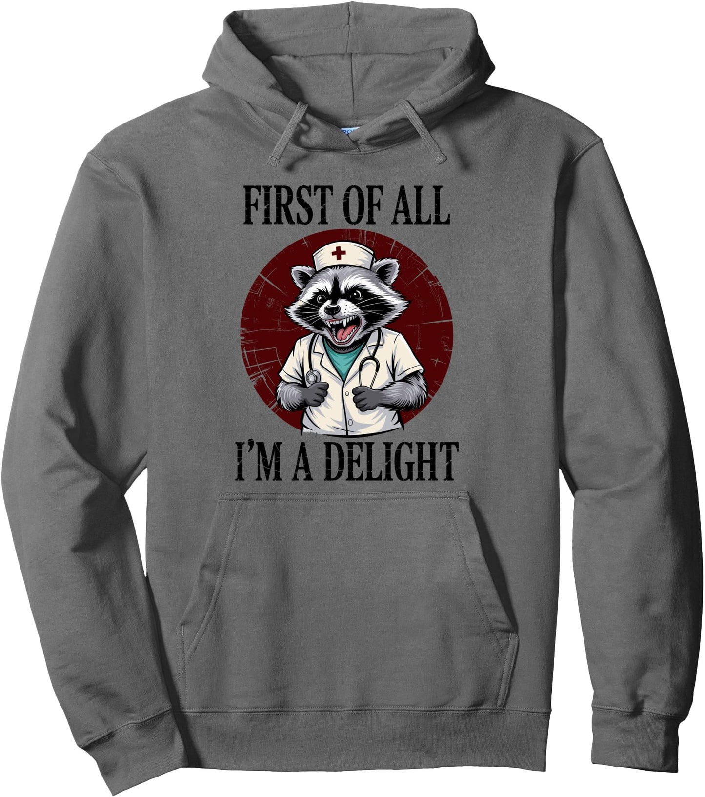 First Of All I'm A Delight Nurse Funny Raccoon Trash Pandas Pullover Hoodie