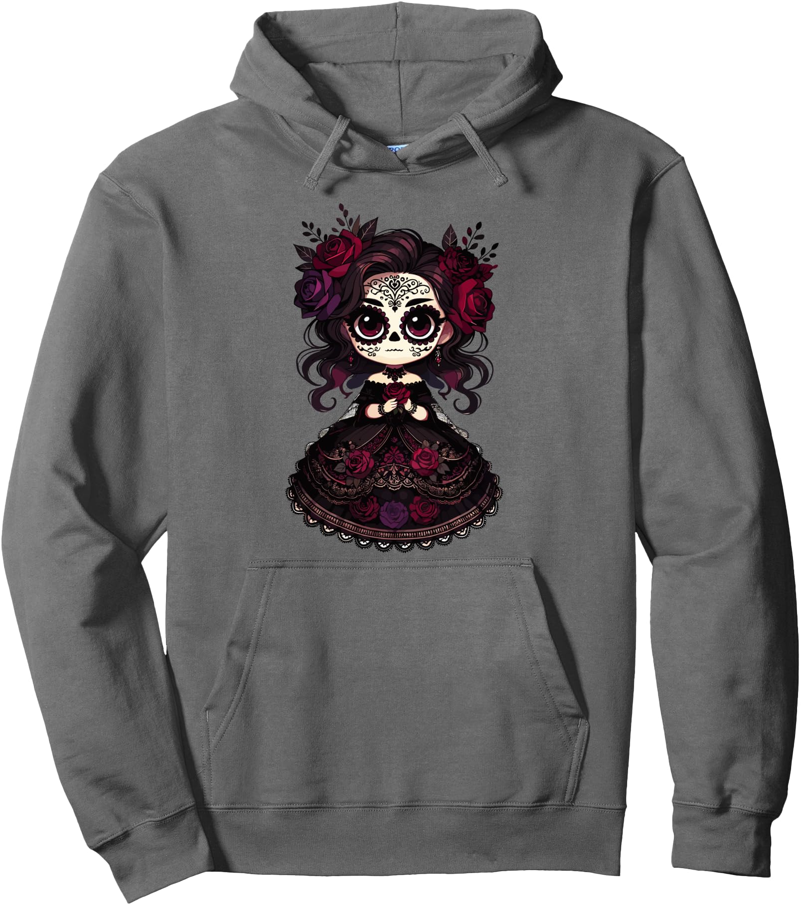 Chibi Catrina Gothic Roses Sugar Skull Halloween Day of Dead Pullover Hoodie