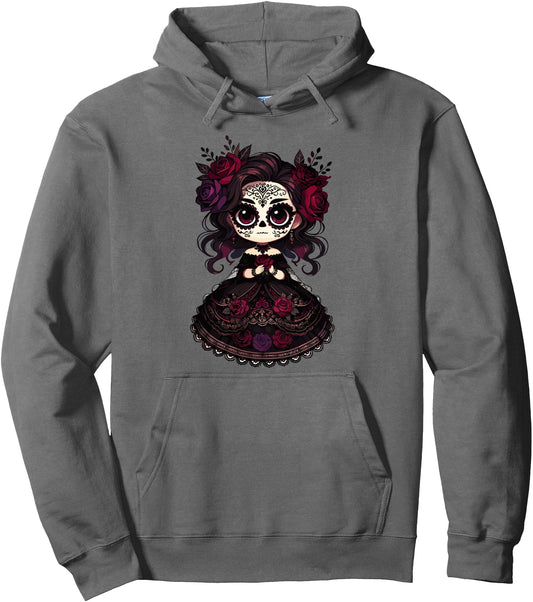 Chibi Catrina Gothic Roses Sugar Skull Halloween Day of Dead Pullover Hoodie