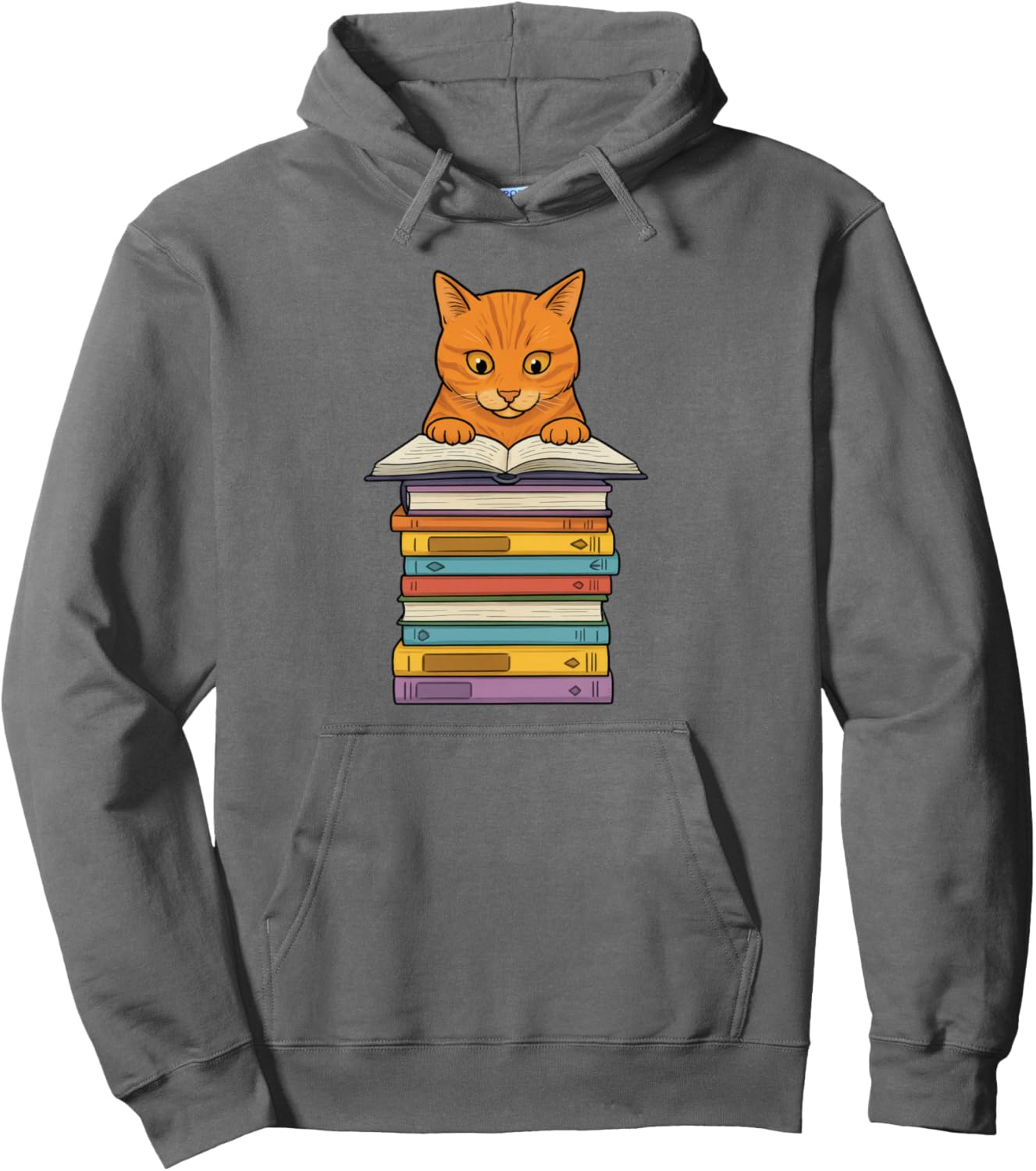 Cute Orange Tabby Cat Reading On Pile Of Books Funny Pullover Hoodie