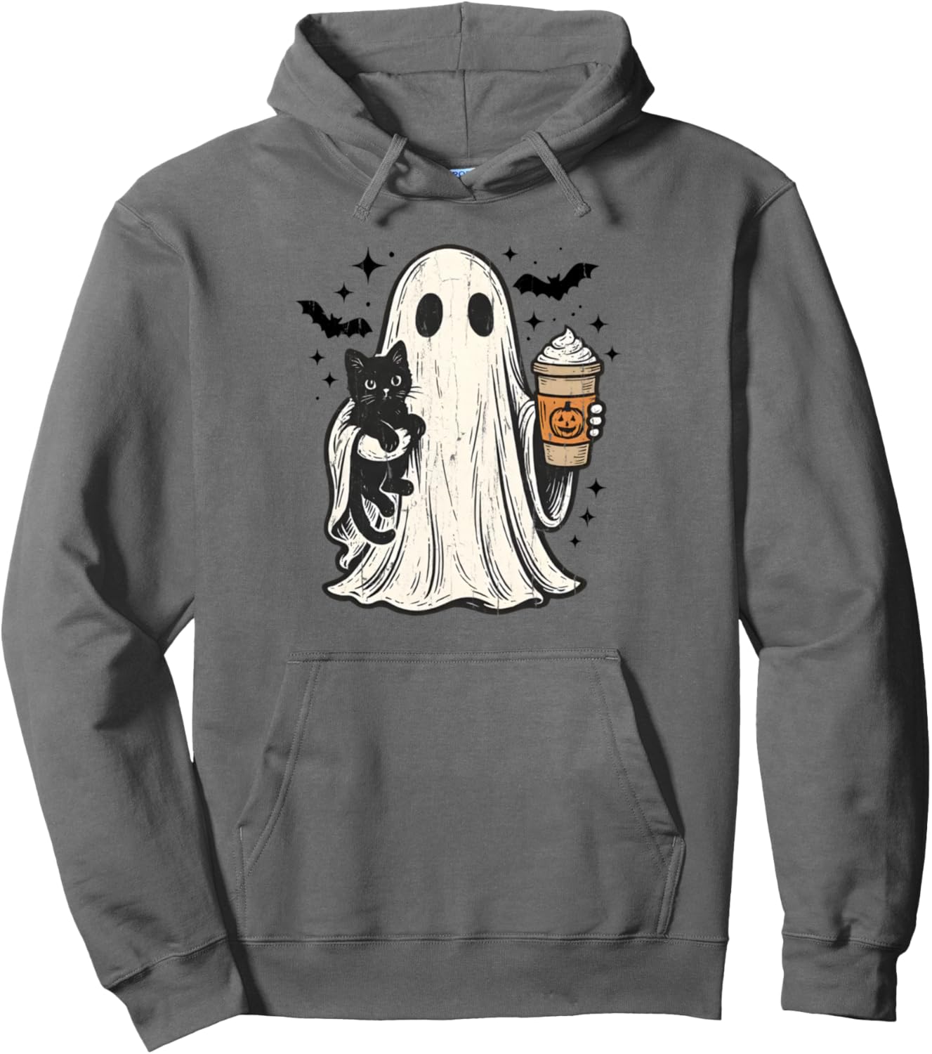 Vintage Halloween Ghost Holding Black Cat Pumpkin Spice Pullover Hoodie