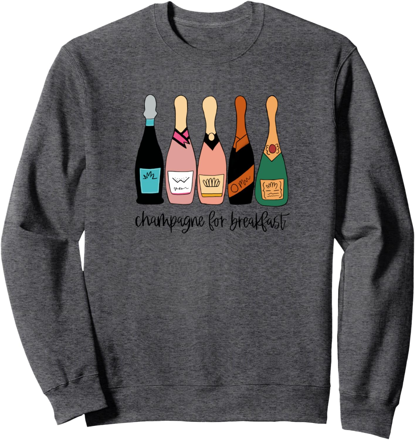 BourbonStyle Women's Classic Champagne For Breakfast Brunch Day Drinking Grey Solid Cotton Long Sleeve Crew Neck Classic Fit Straight Hem Pullover Sweatshirt with Kangaroo Pocket - Small