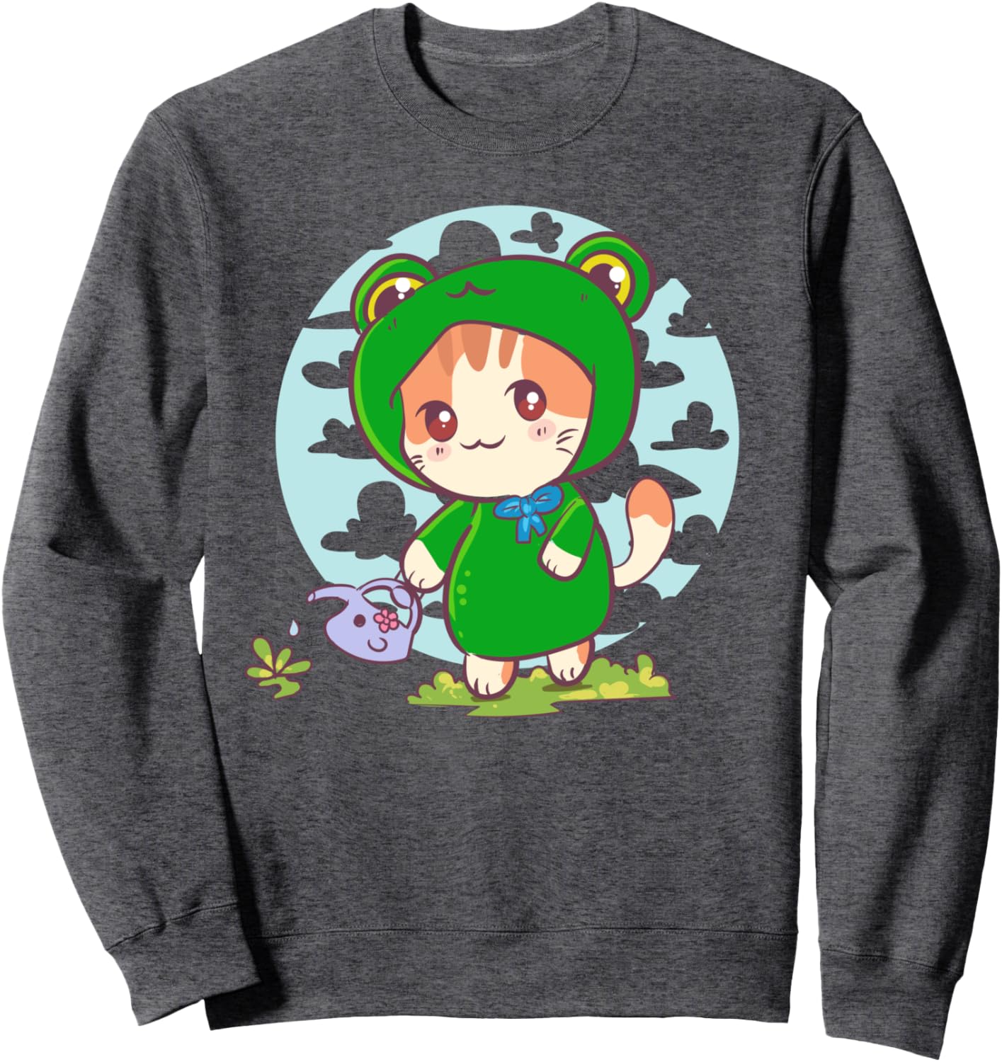 Cat In A Frog Costume Watering Flowers - Cute Kawaii Anime Sweatshirt