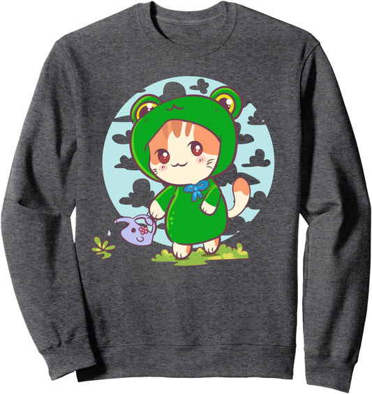 Cat In A Frog Costume Watering Flowers - Cute Kawaii Anime Sweatshirt
