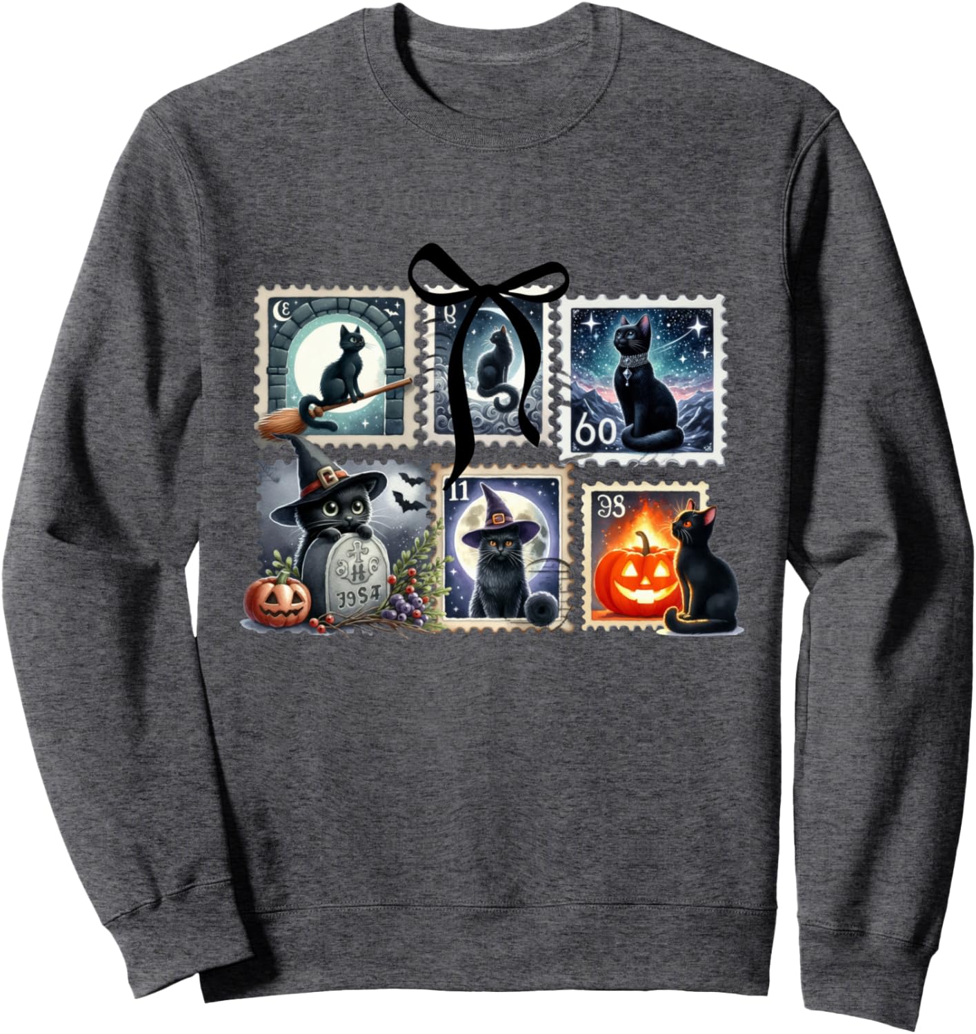 cat Halloween Witch Postage Stamps Moon Pumpkin Sweatshirt