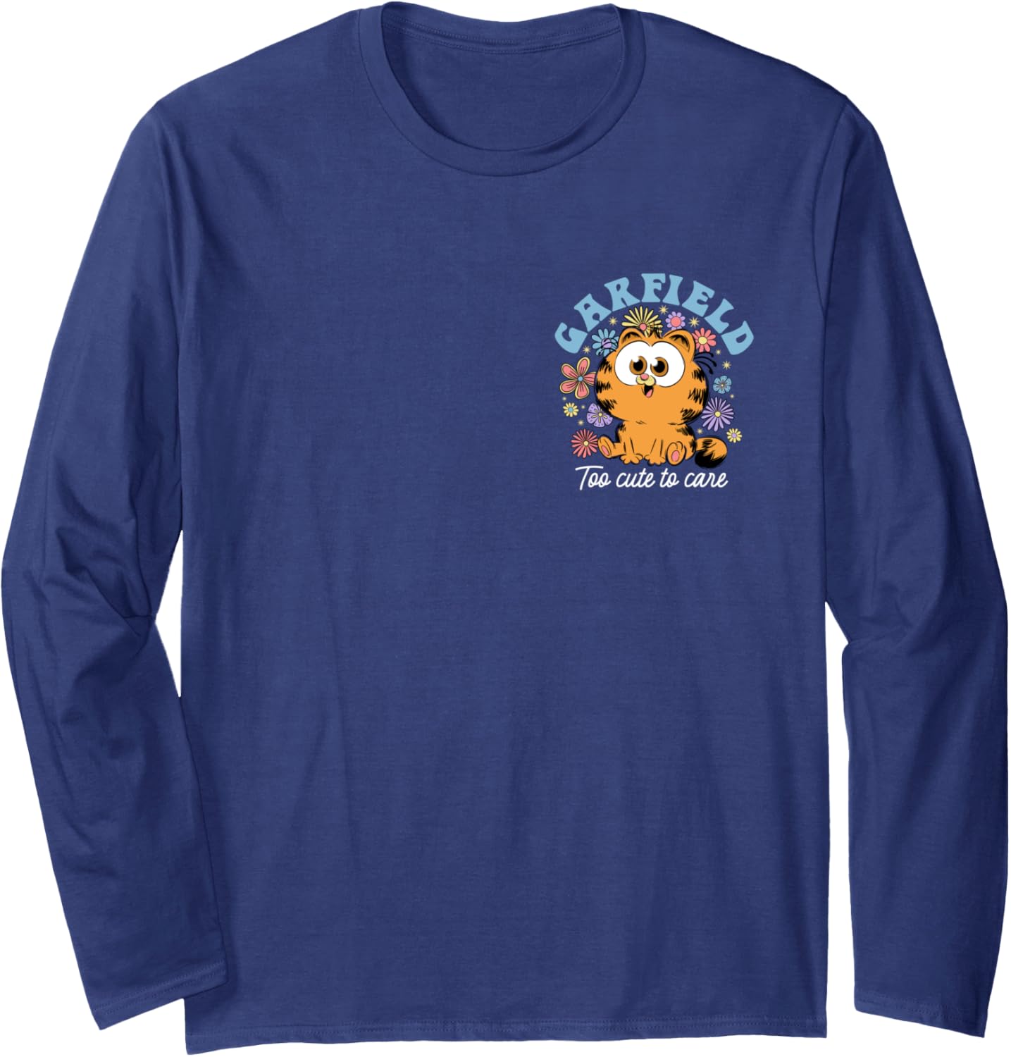Garfield Chibi Floral Too Cute to Care in White Left Chest Long Sleeve