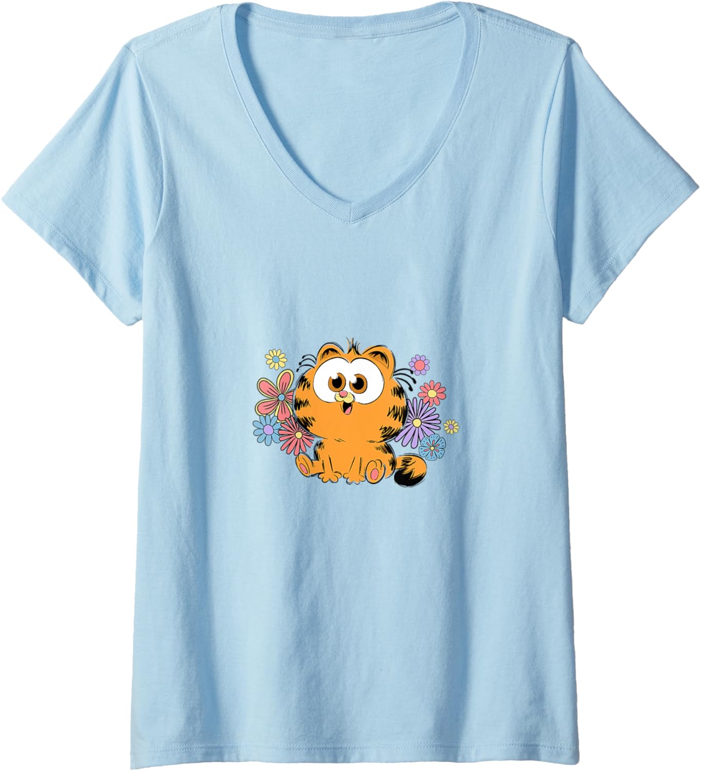 Womens Garfield Kawaii Chibi Surrounded with Flowers V-Neck