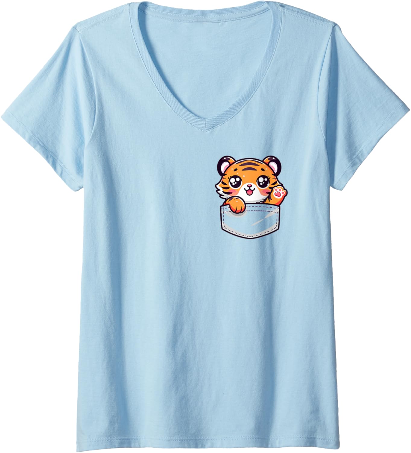 Womens Adorable Cute Chibi Japanese Pocket Kawaii Tiger V-Neck
