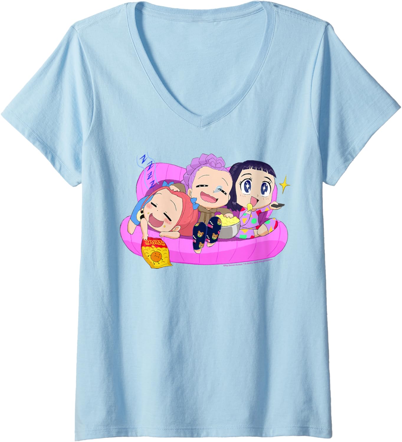 Womens Kpop Demon Hunters Halloween Chibi Huntrix Relaxing in Couch V-Neck