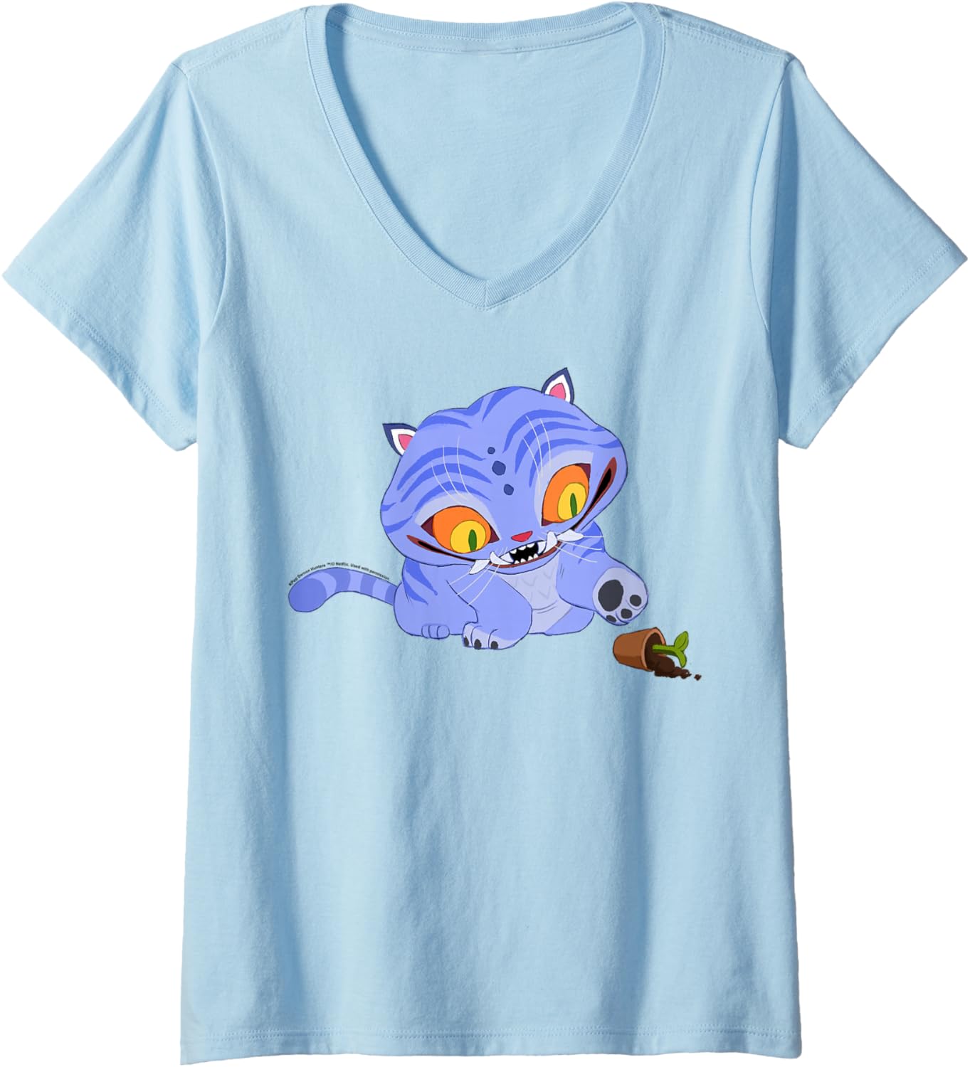 Womens Kpop Demon Hunters Halloween Derpy Playing with Plant Vase V-Neck