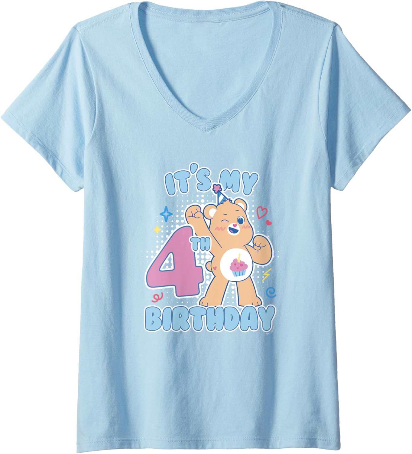 Womens Care Bears Birthday Bear It's My 4th Birthday Cupcake Chibi V-Neck