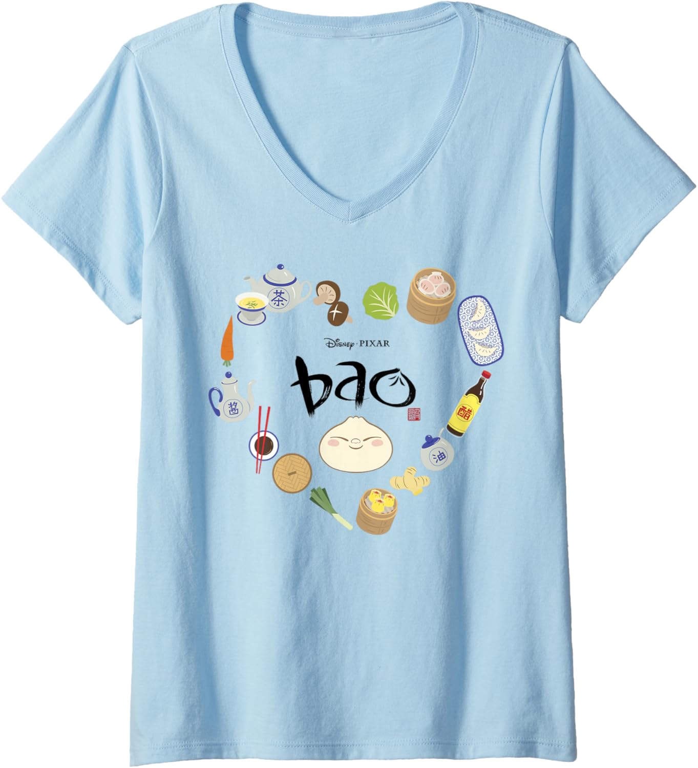 Womens Disney Pixar Bao Ingredients Heart Shaped Dumpling Chibi V-Neck