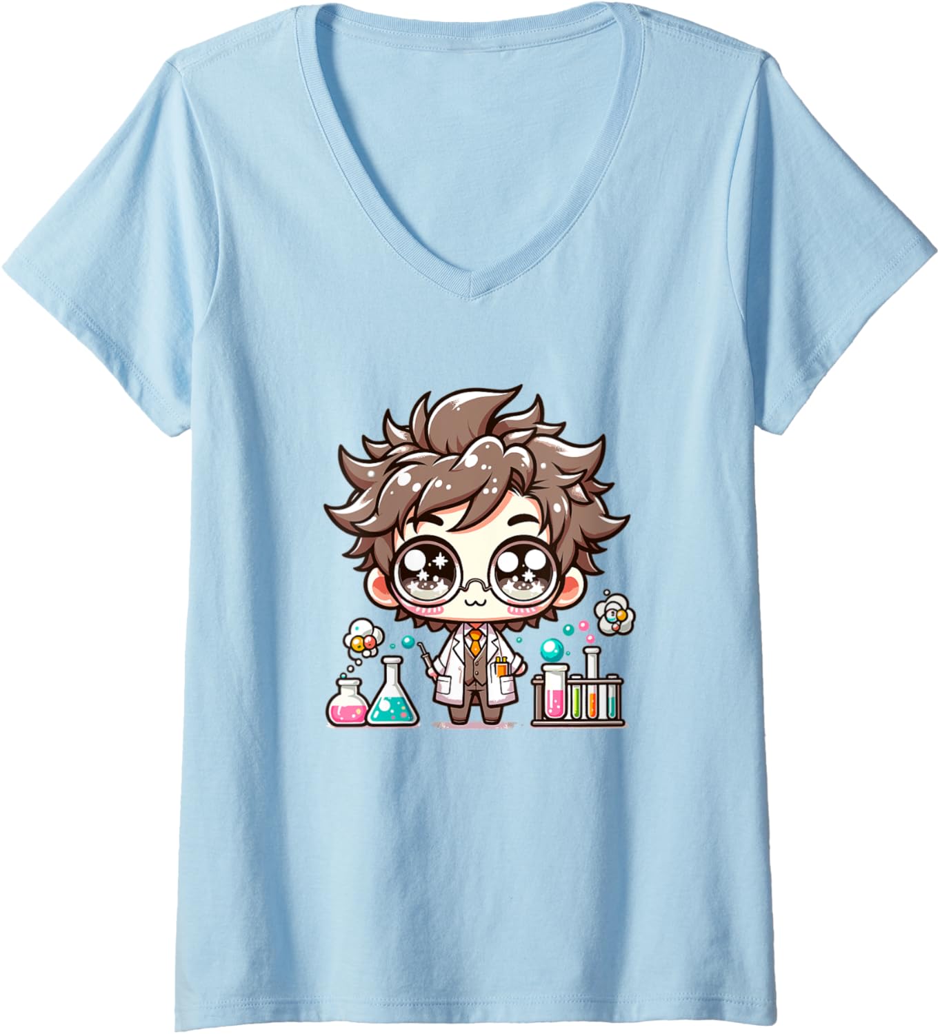 Womens Adorable Cute Japanese Kawaii Chibi Mad Scientist V-Neck