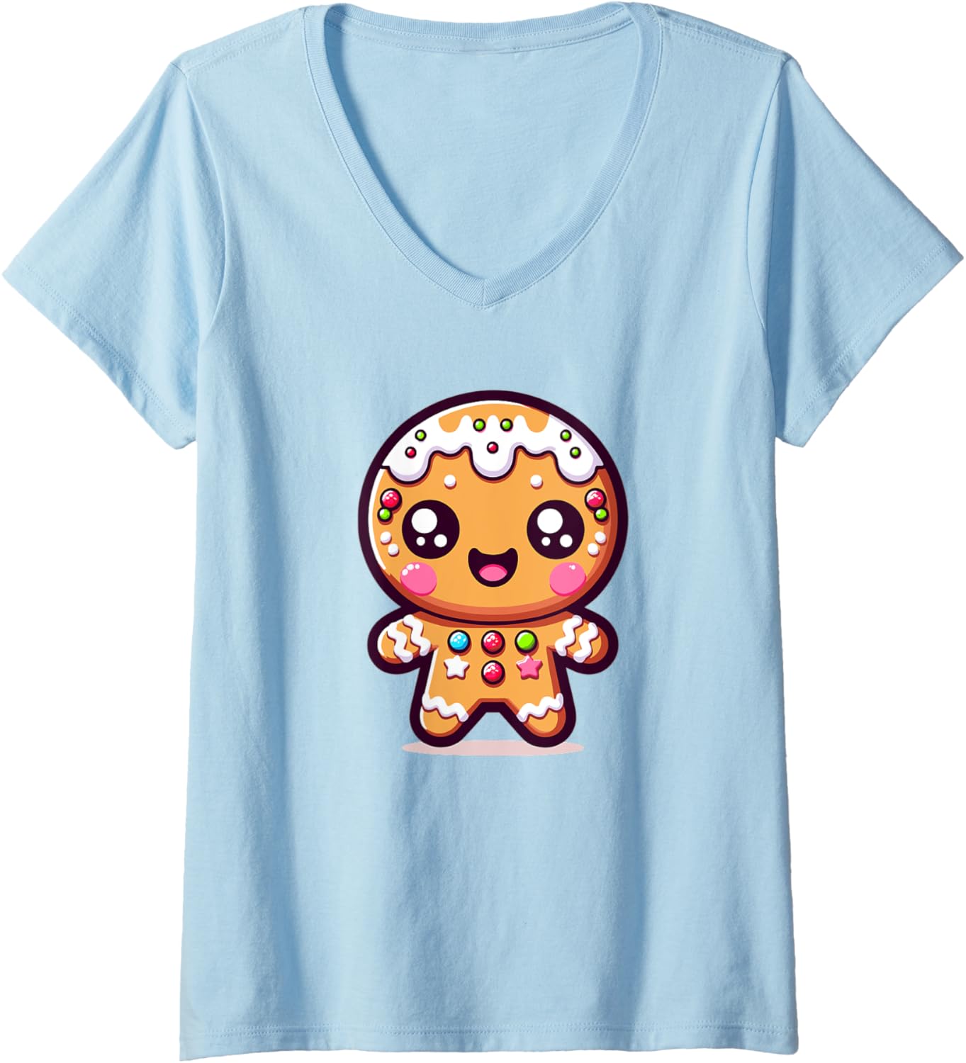 Womens Adorable Cute Japanese Kawaii Chibi Gingerbread Man V-Neck