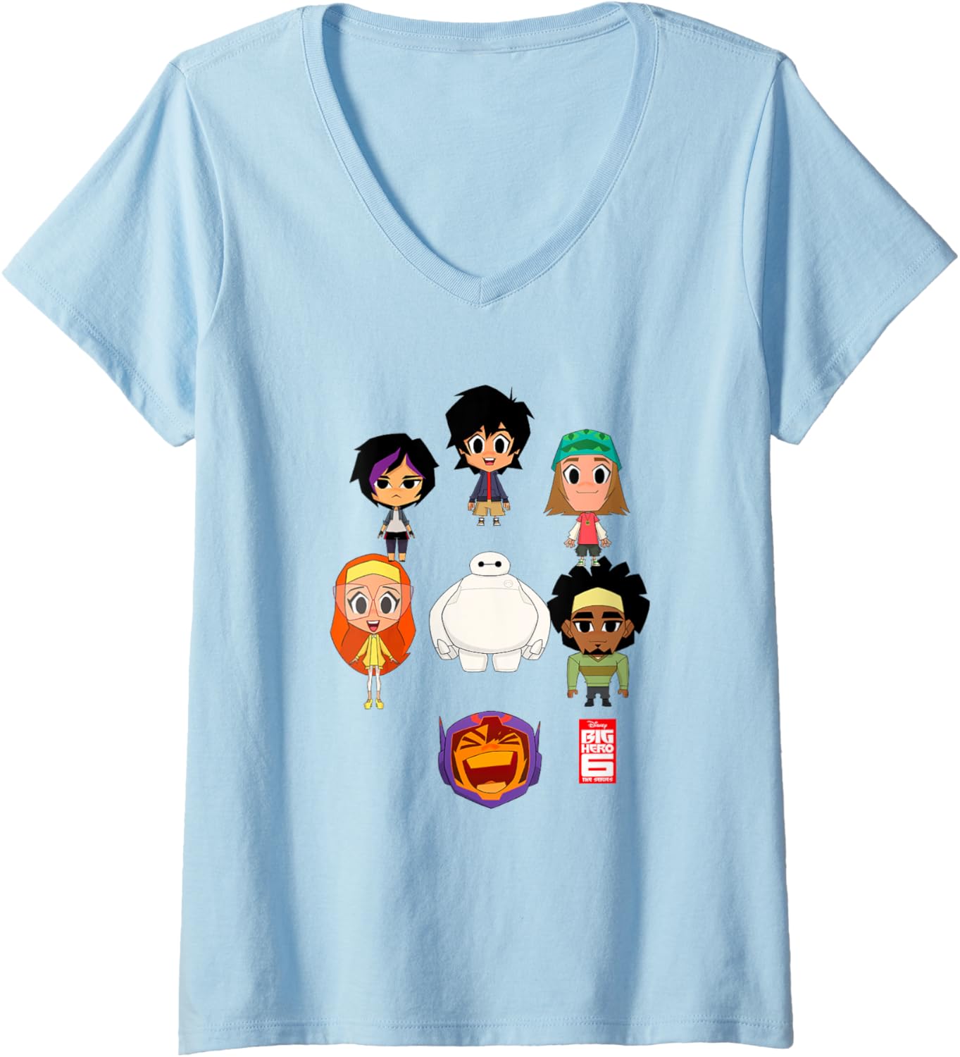 Womens Disney Big Hero 6 Main Characters Chibi Group Shot V-Neck