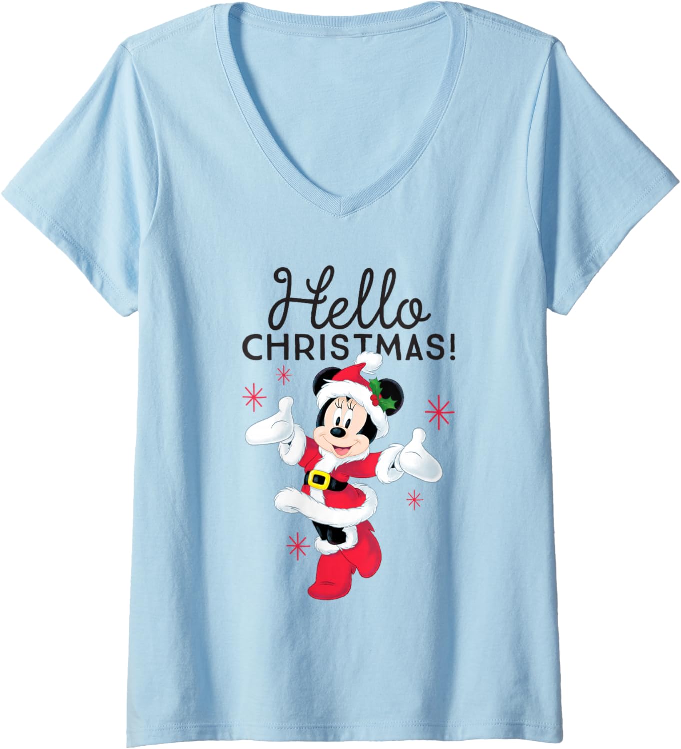 Womens Disney Santa Minnie Mouse Hello Christmas Holiday V-Neck