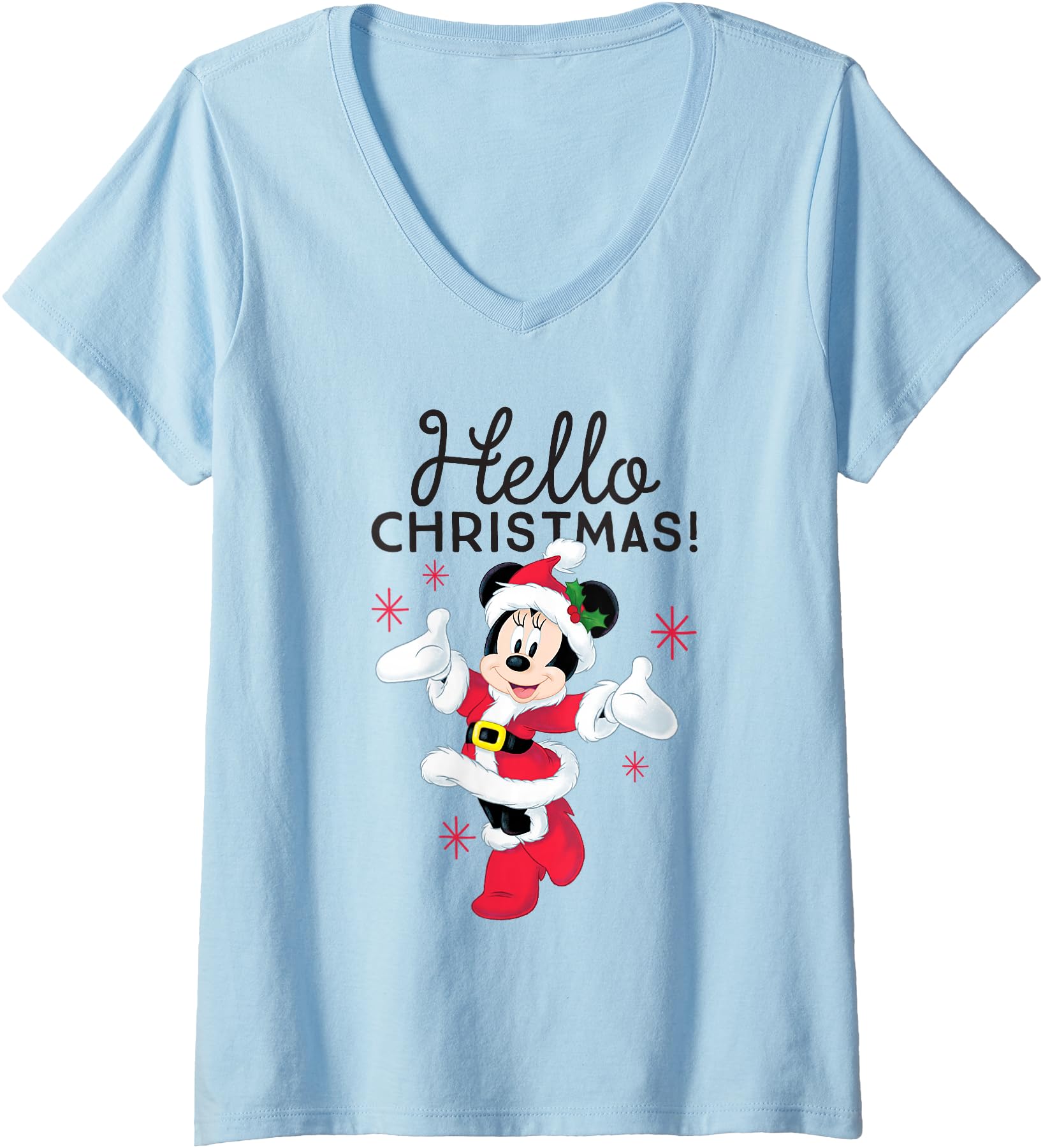 Womens Disney Santa Minnie Mouse Hello Christmas Holiday V-Neck