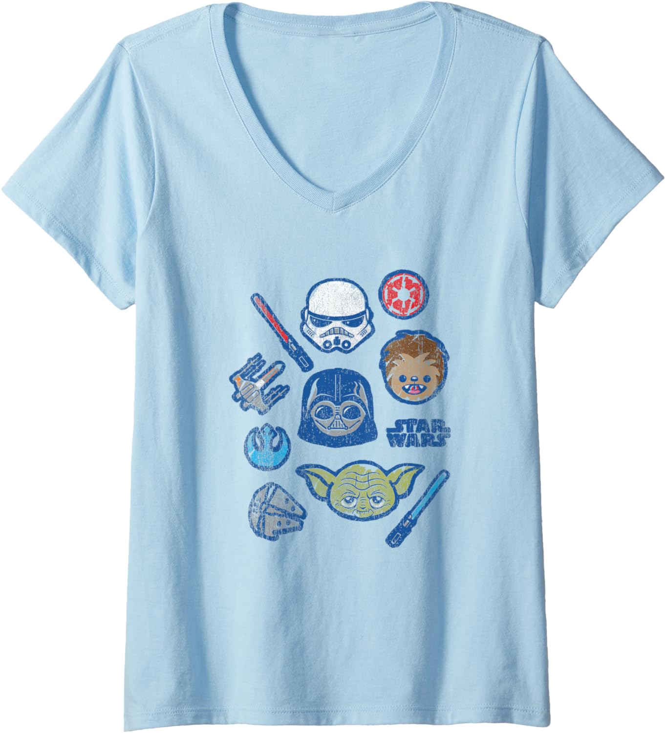 Star Wars Classic Chibi Character Faces Distressed Collage V-Neck