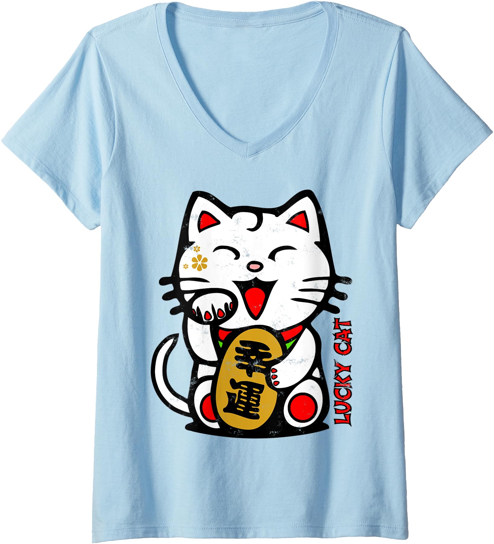 Womens Cute Lucky Cat Maneki-Neko Japanese Good Luck Feng Shui V-Neck