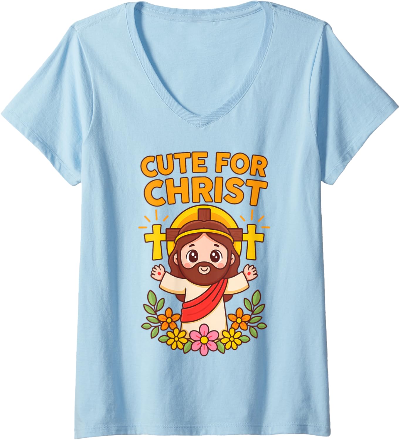 Womens Cute for Christ Kawaii Jesus Christian Chibi Cartoon Anime V-Neck