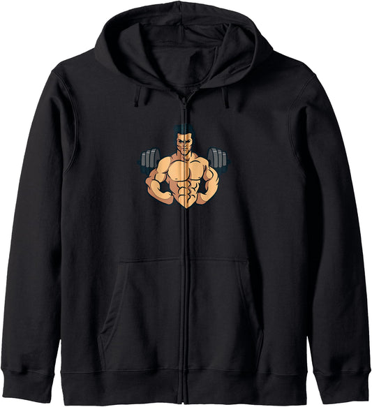 Cartoon Muscular Man Fitness Hero Character Design Zip Hoodie