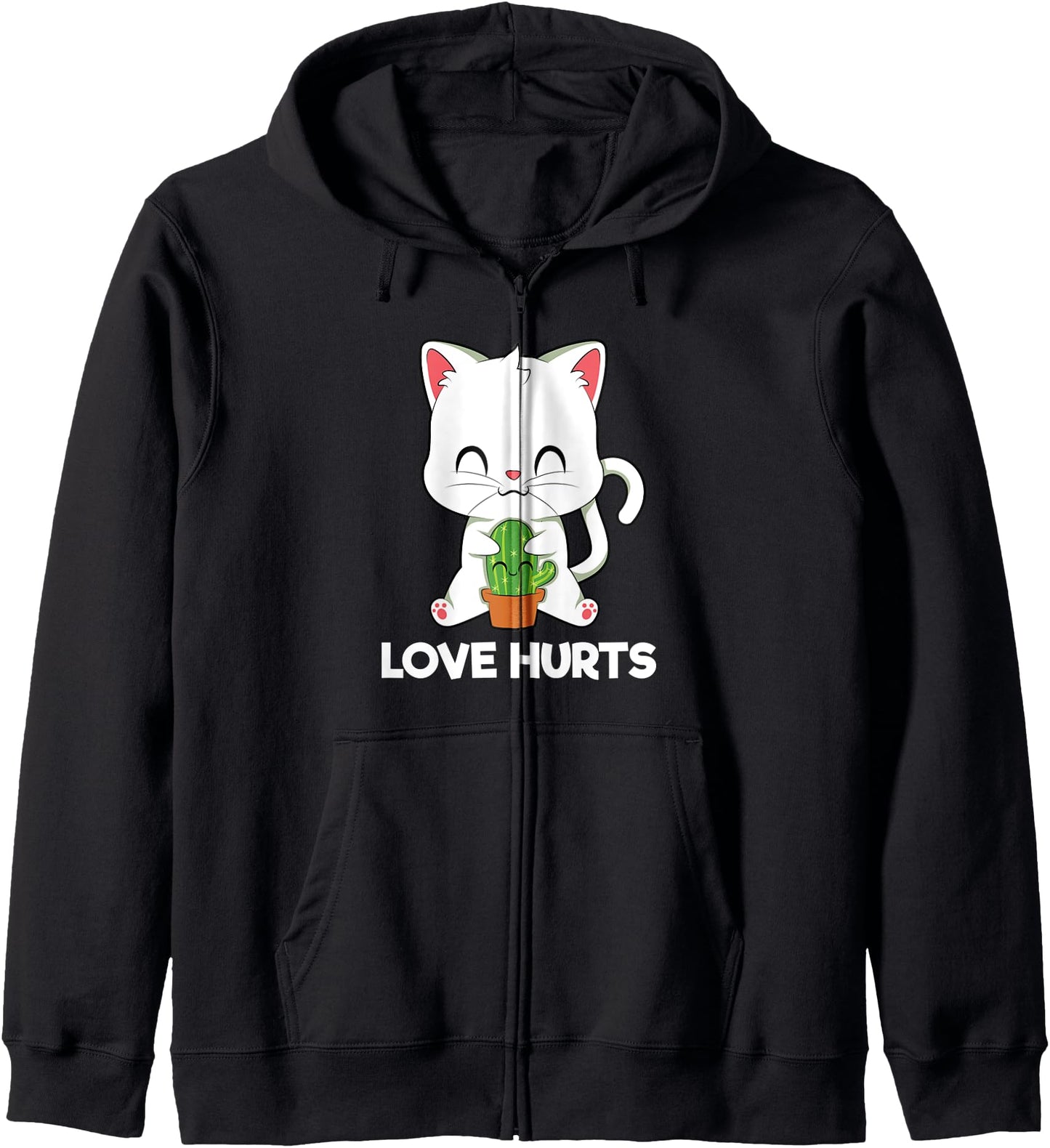 Cute Cat Cactus Love Hurts Kawaii Anime Japanese Zip Hoodie