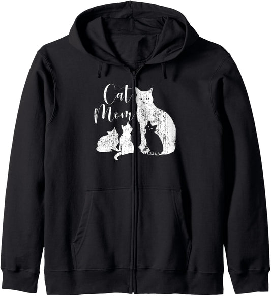 CAT MOM Mama Cat &amp; Kittens Retro Vintage Women Mother Aunt Zip Hoodie