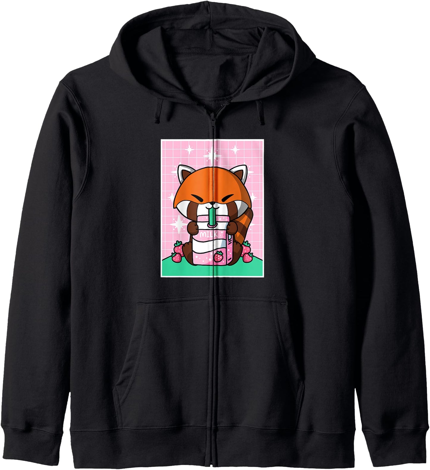 Red Panda Strawberry Milk Carton Japanese Kawaii Anime Hoodie
