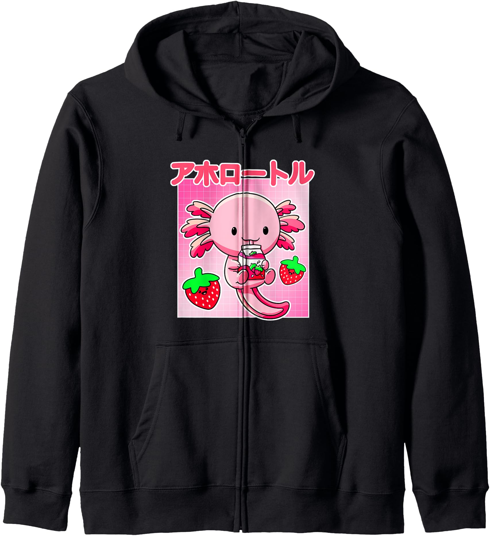 Axolotl Strawberry Milk Carton Pink Kawaii Japanese Anime Zip Hoodie