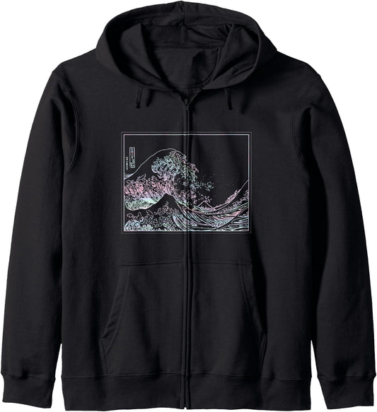 Aesthetic Pastel Pink Great Wave Kawaii Japanese Vaporwave Zip Hoodie