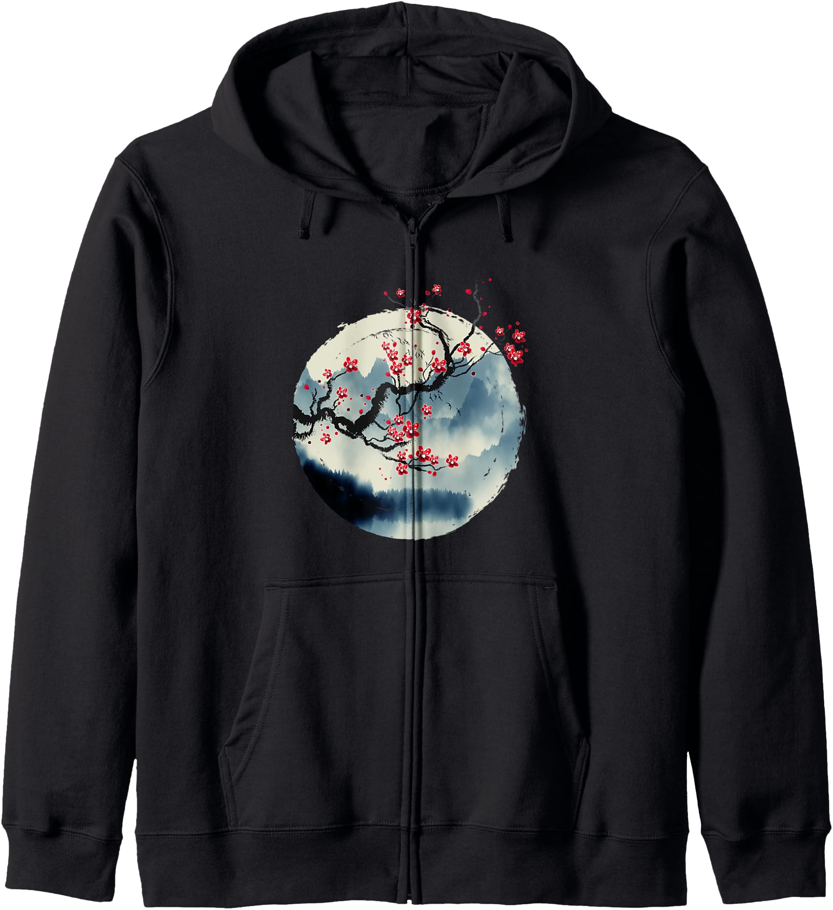 Zen Mountains Cherry Blossom Flowers Japanese Woodblock Art Zip Hoodie
