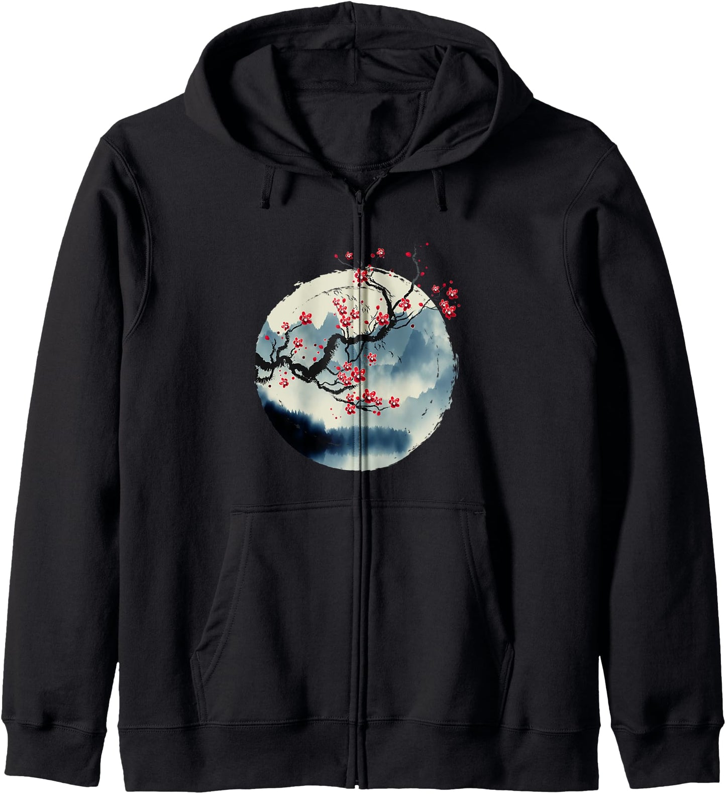 Zen Mountains Cherry Blossom Flowers Japanese Woodblock Art Zip Hoodie