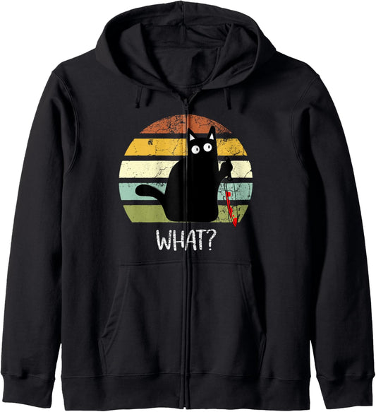 Cat What? Funny Halloween Black Cat With Knife Zip Hoodie